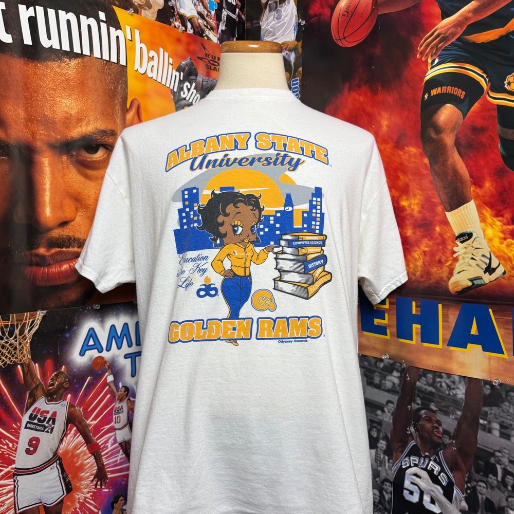 Y2K Albany State University Golden Rams Betty Boop HBCU White T Shirt Sz XL